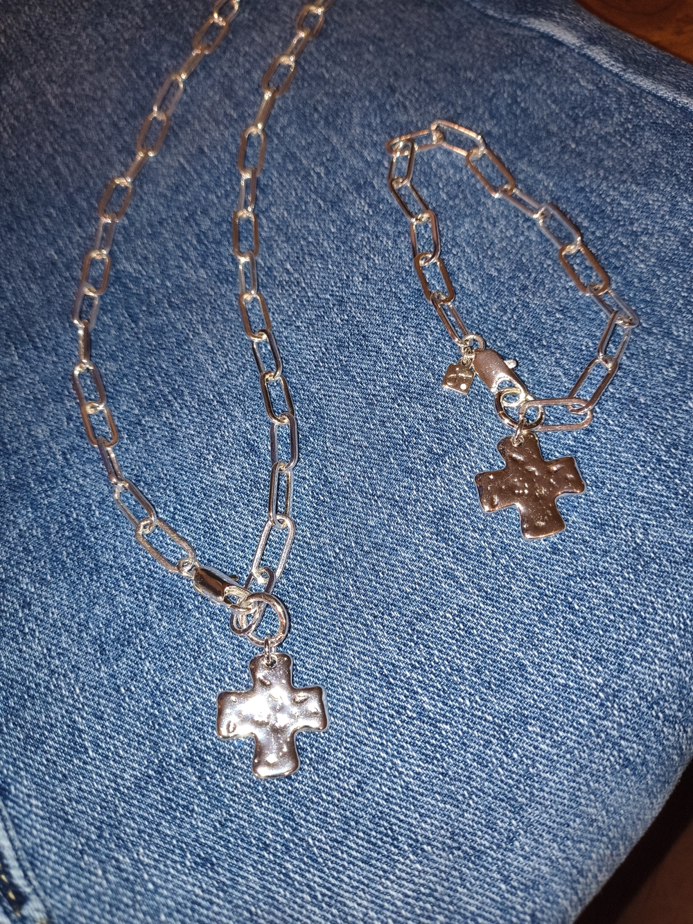 Hammered Cross Paperclip Necklace and Bracelet Set - Silver